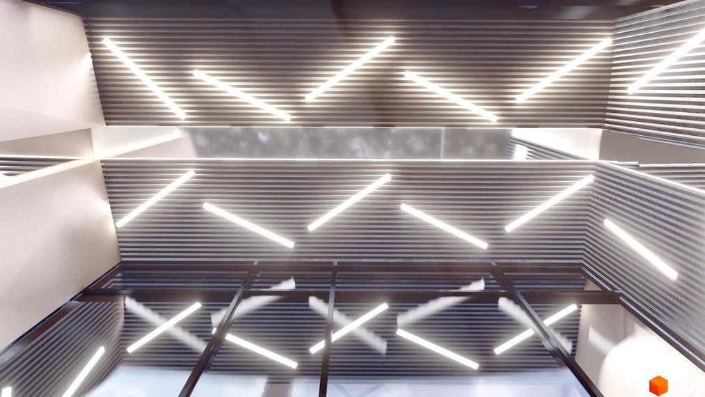 Сучасний дизайн інтер'єру житлового комплексу AUROOM AIR з лінійним освітленням та геометричними формами.