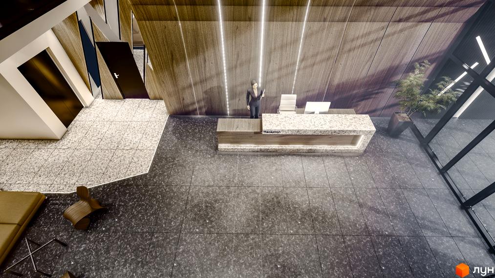 Інтер'єр вестибюля житлового комплексу AUROOM AIR з рецепцією та зоною очікування. Сучасний дизайн з натуральними матеріалами та освітленням.