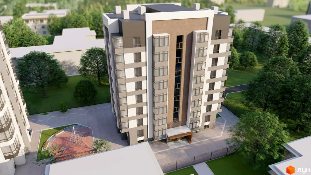 Новобудова ЖК Курортний з сірими та білими фасадами, цегляними вставками та балконами. На прибудинковій території облаштовано дитячий майданчик та зони відпочинку.
