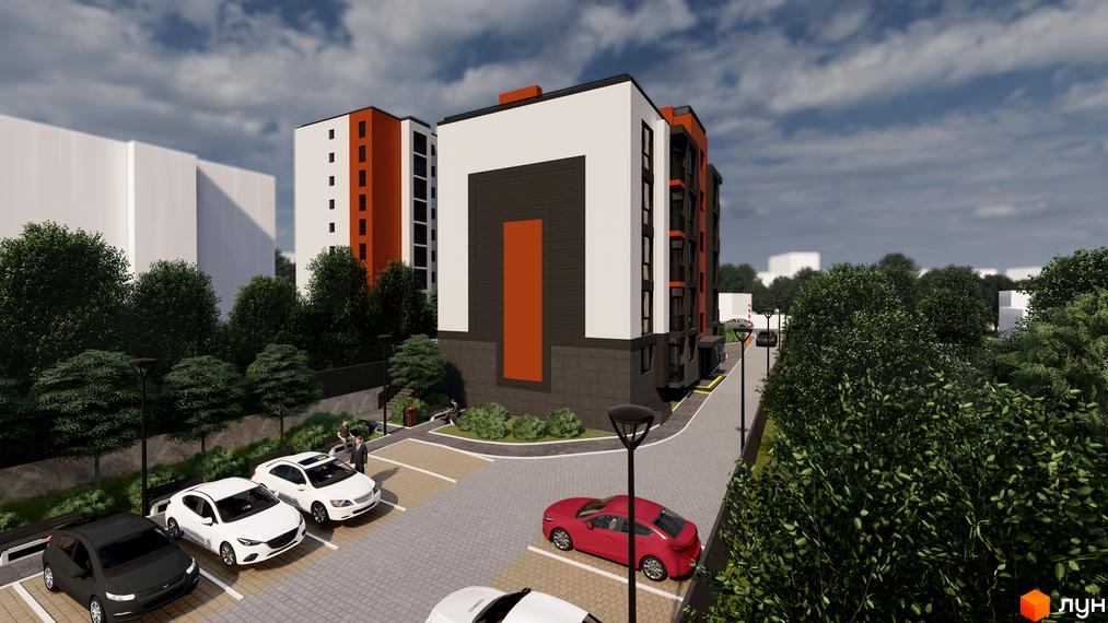 Зовнішній вигляд житлового комплексу Флагман з парковкою та зеленими насадженнями. Забудова має сучасний дизайн з оранжевими та білими фасадами.
