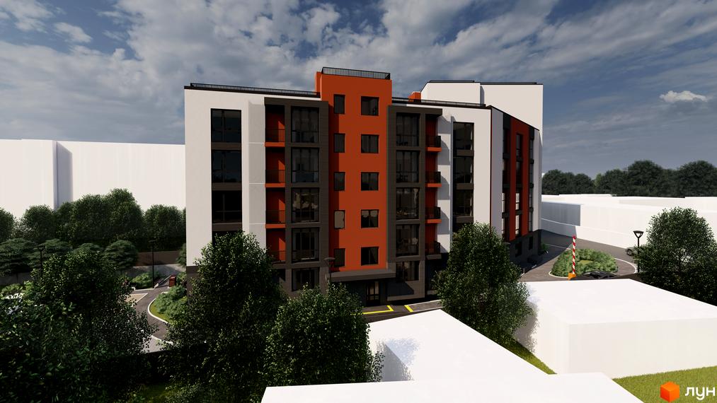 Житловий комплекс Флагман - це багатоповерхова новобудова з оранжевими та білими фасадами, балконами та темними вікнами. Навколо комплексу розташовані зелені насадження та доглянута прибудинкова територія.