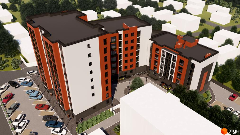 Житловий комплекс Флагман у біло-помаранчевих тонах з великою кількістю вікон та прибудинковою територією з паркуванням та зеленими насадженнями.