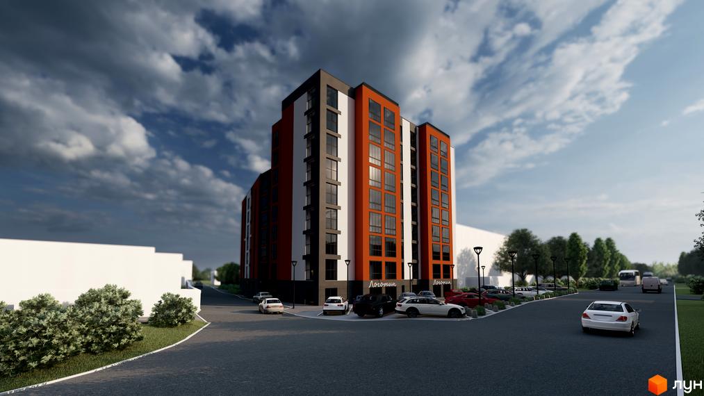 Зовнішній вигляд житлового комплексу Флагман з фасадами оранжевого, білого та сірого кольорів, парковка з автомобілями та зелені насадження.