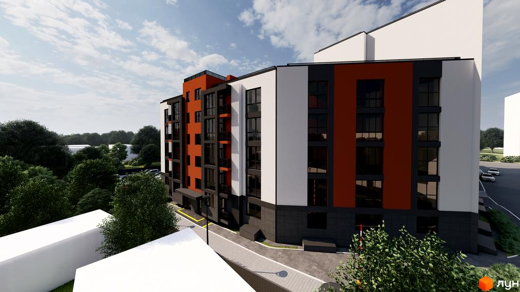 Зовнішній вигляд житлового комплексу Флагман з фасадом у червоно-сірих тонах та великими вікнами. Навколо комплексу зелена зона та доглянута прибудинкова територія.