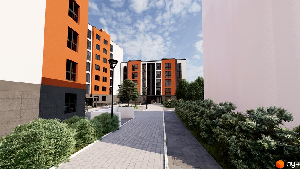 Зовнішній вигляд новобудови ЖК Флагман з помаранчевими та білими фасадами, з бруківкою та зеленими насадженнями на прибудинковій території.