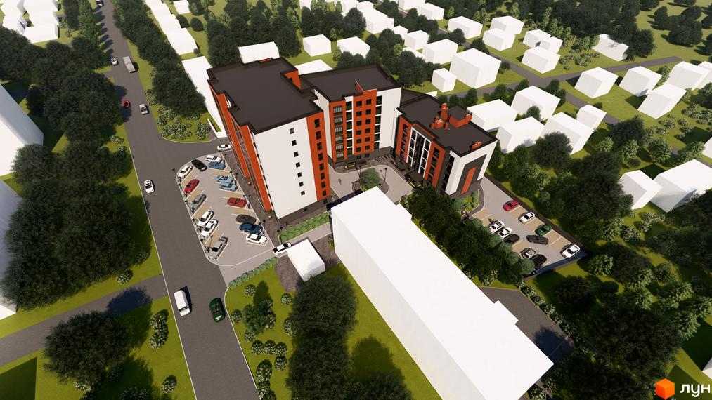 Зовнішній вигляд житлового комплексу Флагман з паркуванням та зеленими насадженнями. Сучасна архітектура новобудови.