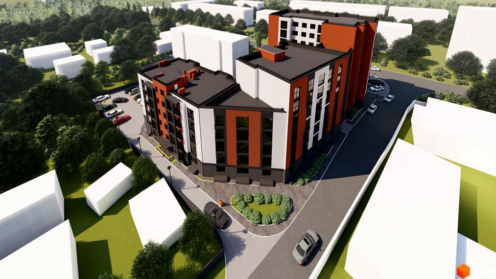 Зовнішній вигляд новобудови ЖК Флагман з цегляними та білими фасадами, прибудинкова територія з парковкою та зеленими насадженнями.