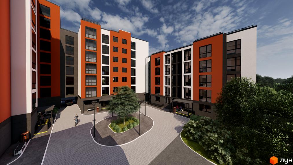 Житловий комплекс Флагман: фасади будівель з помаранчевими та білими елементами, прибудинкова територія з деревами та пішохідними доріжками.