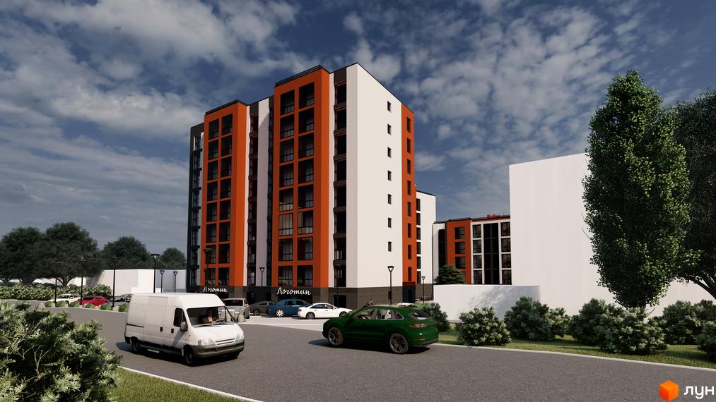 Житловий комплекс Флагман з оранжево-білими фасадами та панорамними вікнами. На прибудинковій території розташовані зелені насадження та автомобілі.