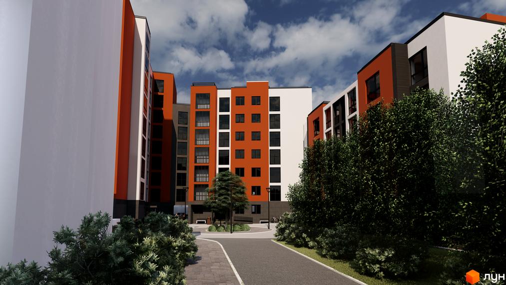Житловий комплекс Флагман: фасади будівель з помаранчевими та білими елементами, вікна, прибудинкова територія з деревами та доріжками.