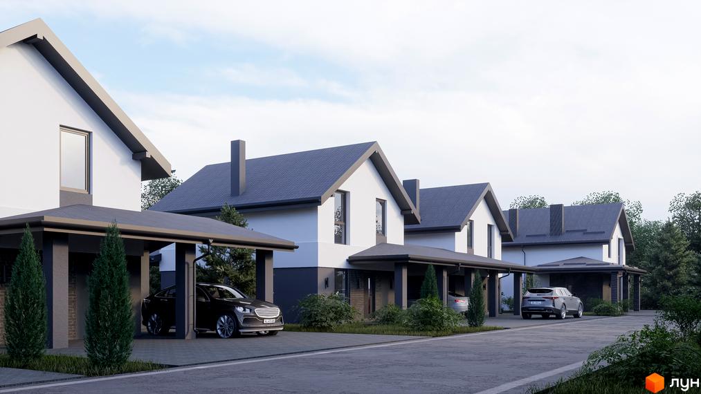 Котеджне містечко Буде Дім. Зовнішній вигляд будинків з навісами для автомобілів та доглянутою прибудинковою територією.