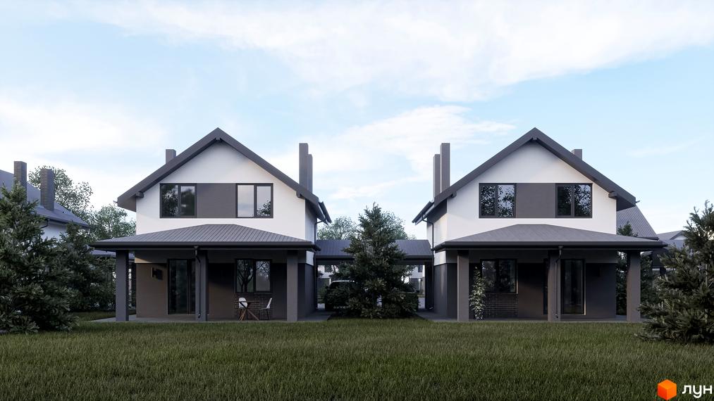 Котеджне містечко КМ Буде Дім в Годовиці. Зовнішній вигляд двоповерхових будинків з сірими дахами та білими стінами, прибудинкова територія з газоном та деревами.