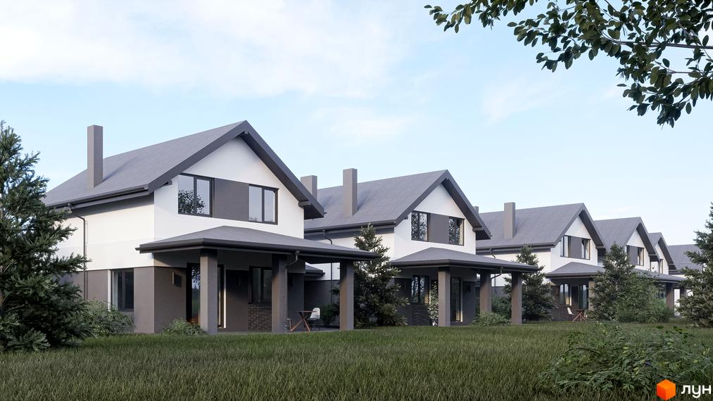 Котеджне містечко КМ Буде Дім. Годовиця. Зовнішній вигляд будинків з сірими дахами та білими стінами, прибудинкова територія з газоном та деревами.