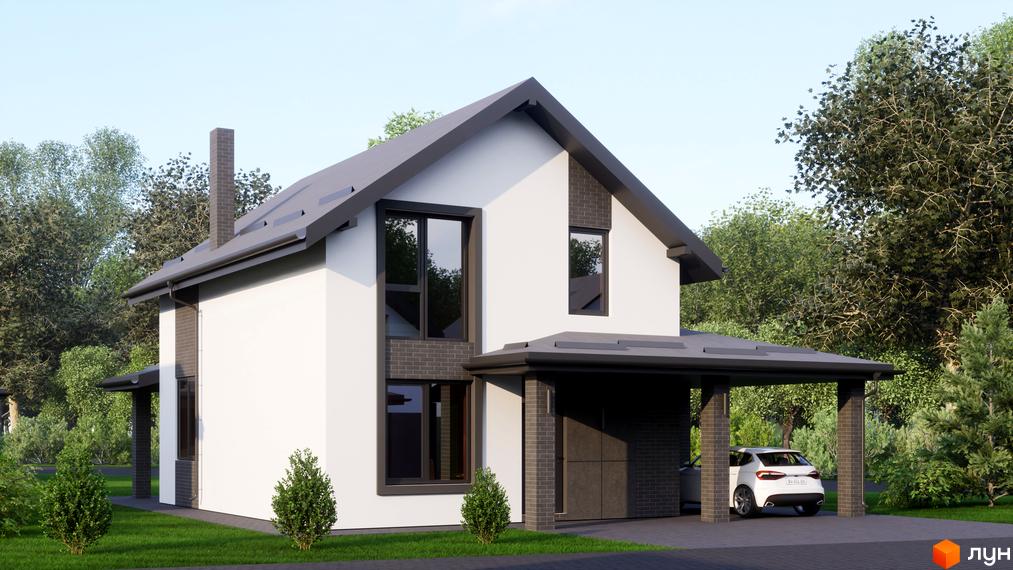 Котеджне містечко КМ Буде Дім. Годовиця. Зовнішній вигляд двоповерхового будинку з навісом для авто та прибудинковою територією з деревами та газоном.