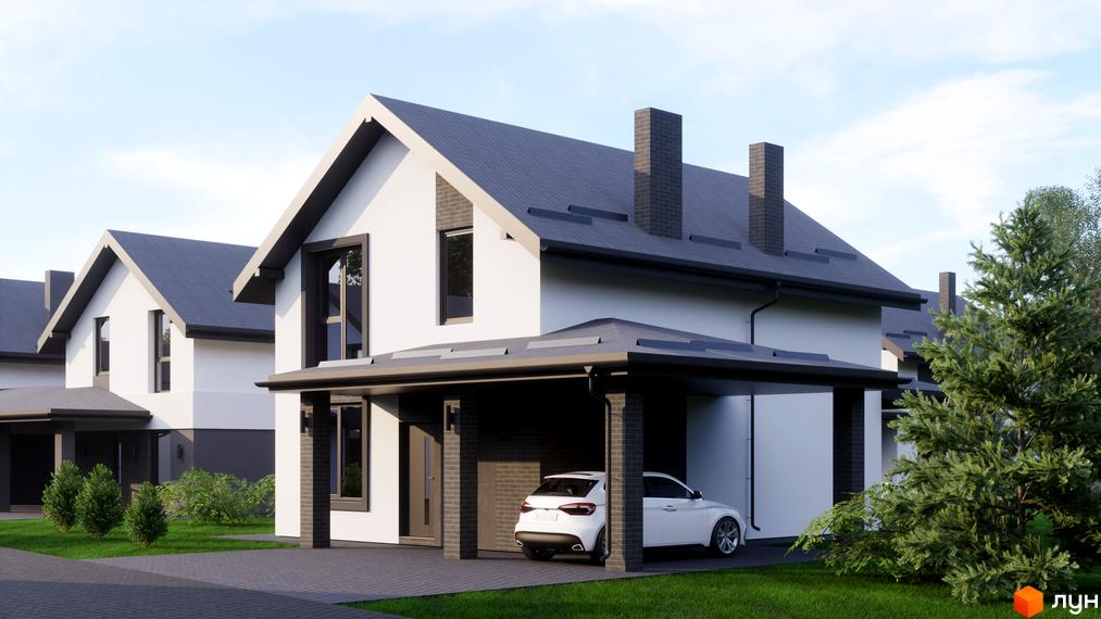 Котеджне містечко КМ Буде Дім у Годовиці. Зовнішній вигляд білого будинку з темним дахом та навісом для авто, прибудинкова територія з газоном та деревами.