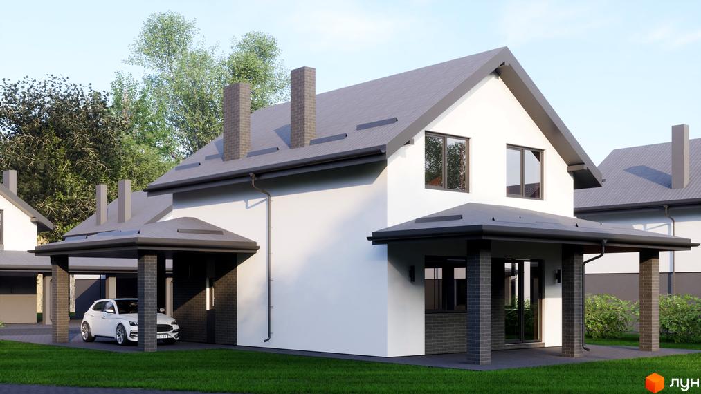 Фасад котеджу Котеджного містечка Буде Дім. Годовиця з білими стінами, сірою покрівлею та темними віконними рамами. Перед будинком зелений газон та навіси з цегляними опорами.