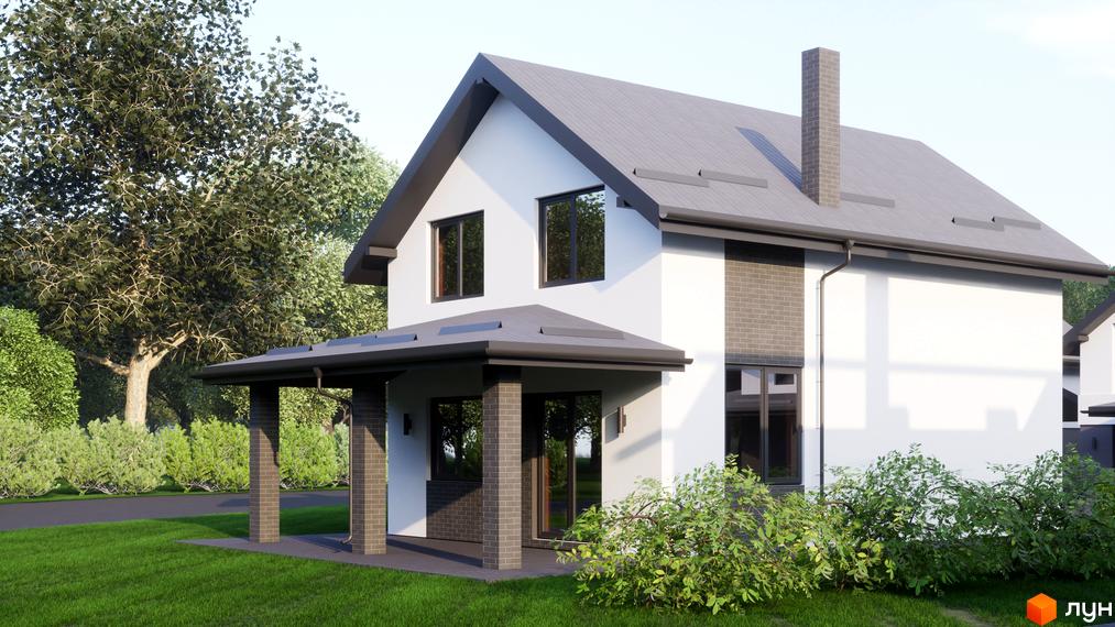 Котеджне містечко КМ Буде Дім. Годовиця. Зовнішній вигляд двоповерхового будинку з сірим дахом, білими стінами та цегляними елементами, прибудинкова територія з газоном та деревами.