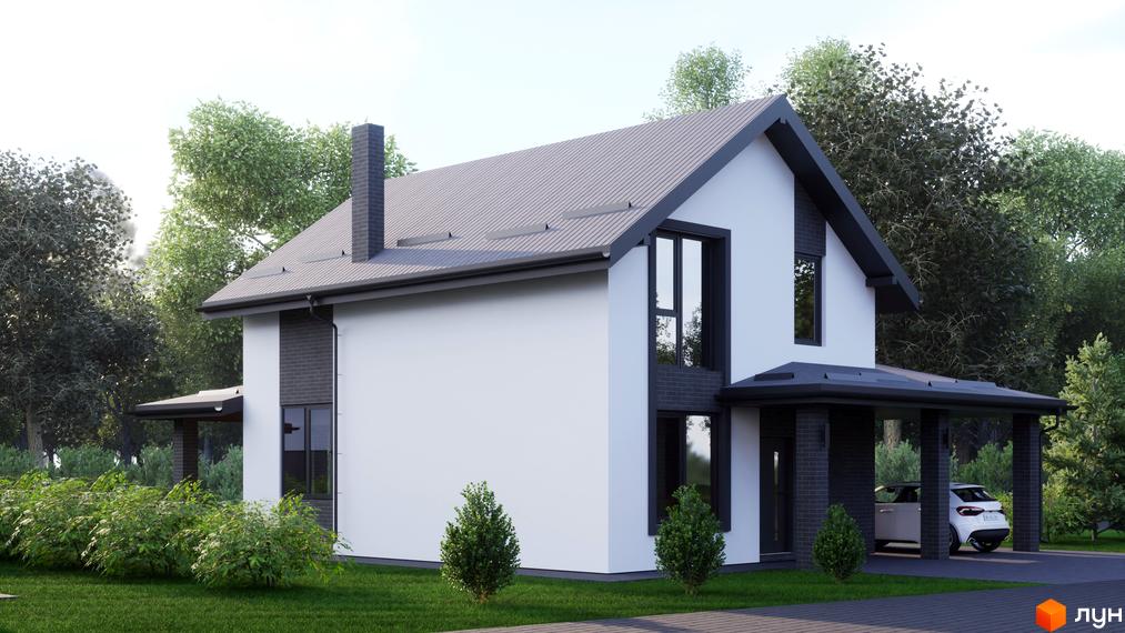 Будинок Котеджного містечка Буде Дім. Годовиця з білим фасадом, скатним дахом та темними віконними рамами, розташований серед зеленого газону та дерев.