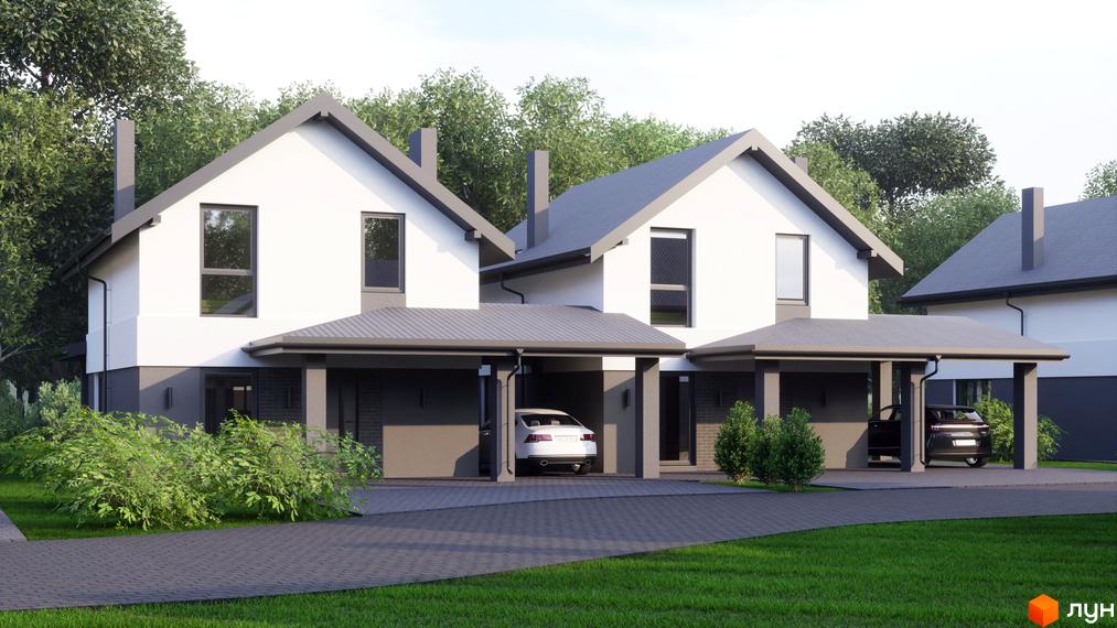 Котеджне містечко Буде Дім. Годовиця: двоповерхові будинки з білими стінами, сірими дахами, великими вікнами та навісами для автомобілів, з доріжками та газоном.