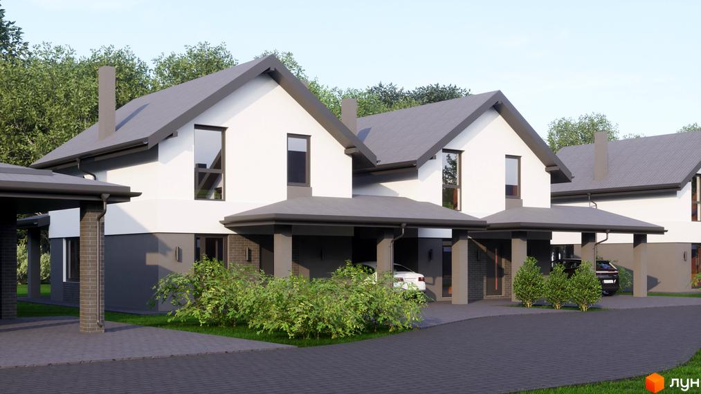 Котеджне містечко Буде Дім. Годовиця: будинки з білими стінами та темними дахами, з критими парковками та зеленими насадженнями.