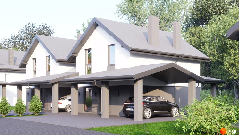 Котеджне містечко Буде Дім. Годовиця: фасади білих будинків з сірими дахами та навісами для авто, бруківка та зелені насадження.