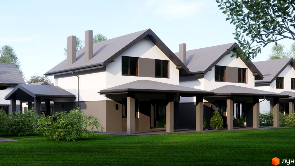 Котеджне містечко КМ Буде Дім в Годовиці. Зовнішній вигляд двоповерхових будинків з сірими дахами та біло-сірими фасадами, зелена галявина перед будинками.