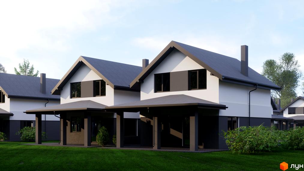 Котеджне містечко Буде Дім. Годовиця. Двоповерхові будинки з білими стінами та темною покрівлею. На подвір'ї газон та зелені насадження.