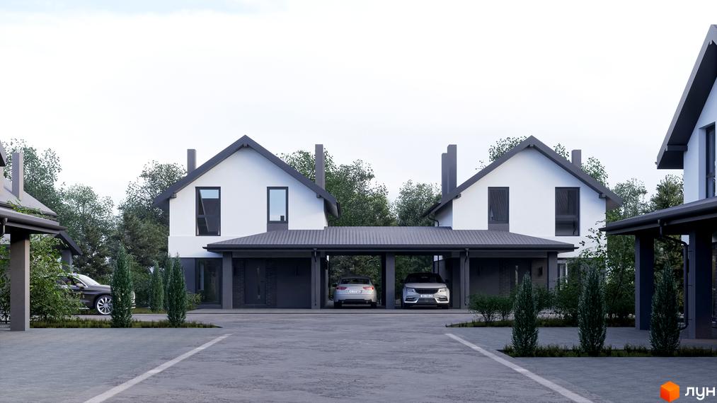 Котеджне містечко Буде Дім. Годовиця: білі двоповерхові будинки з темними дахами та навісом для авто, оточені зеленню.
