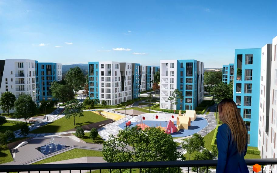 Житловий комплекс Vlasna (Time Development) з багатоповерховими будинками біло-блакитного кольору, зеленими зонами та дитячим майданчиком.