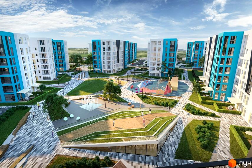 Житловий комплекс Vlasna з високими будинками у білих та блакитних тонах, що оточують просторий двір з ігровим майданчиком, фонтаном та доріжками.