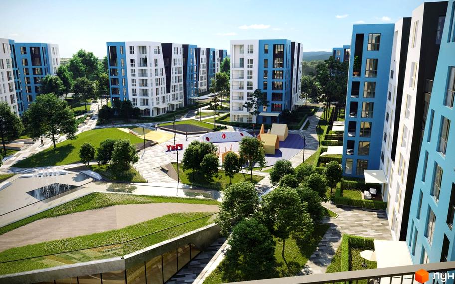 Зображення житлового району Vlasna від Time Development. На фото будівлі з блакитними вставками та зелена прибудинкова територія.