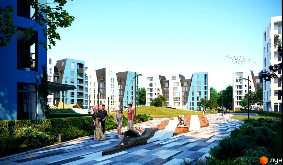 Житловий комплекс Vlasna (Time Development) з яскравими фасадами та сучасною архітектурою. На території комплексу облаштовані зони відпочинку та прогулянок.