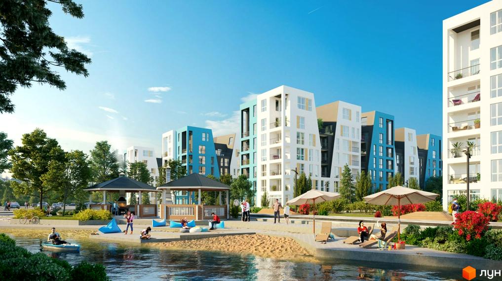 Житловий комплекс Vlasna (Time Development) з білими та блакитними будинками, зоною відпочинку біля води, альтанками та піщаним пляжем.