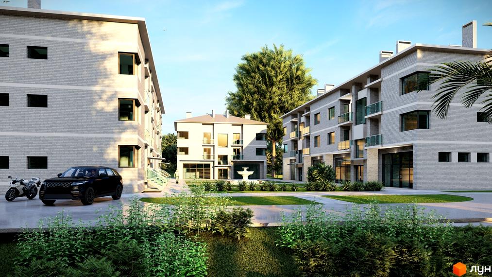 Будинки Житлового комплексу Відродження з світло-сірою цегляною кладкою та балконами. На території є зелені насадження, доріжки, фонтан та припарковані автомобілі.