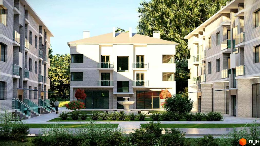 Житловий комплекс Відродження: багатоповерхові будинки зі світлими фасадами, великими вікнами. Доглянута територія з фонтаном та зеленими насадженнями.