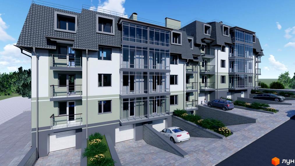 Зображення фасаду багатоповерхового будинку ЖК Глибока Долина з скляними балконами та парковкою для автомобілів на прибудинковій території.