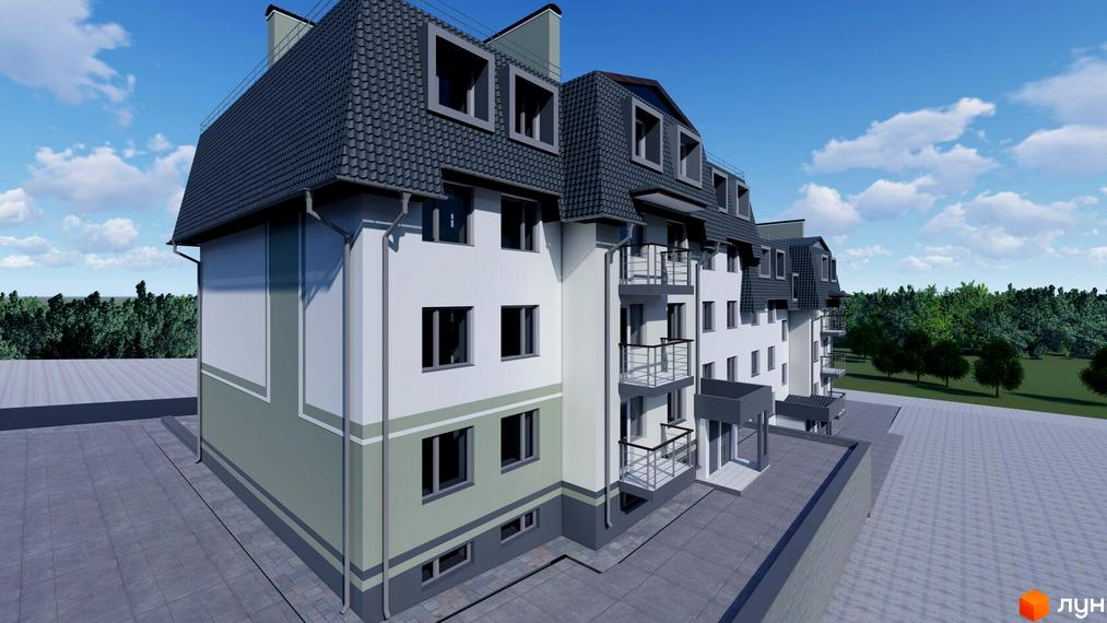 Зображення фасаду багатоповерхового будинку ЖК Глибока Долина з балконами та мансардним дахом. Навколо будинку викладена плитка, видніється зелень дерев.