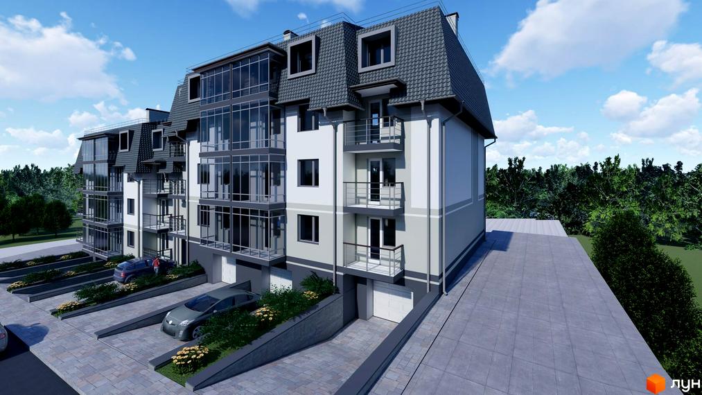 Багатоквартирний будинок ЖК Глибока Долина з сірою покрівлею та скляними балконами. На території комплексу є парковка та зелені насадження.