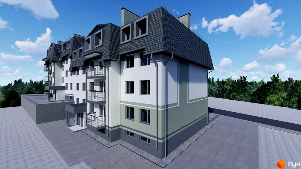 Зображення житлового комплексу Глибока Долина. Багатоповерховий будинок з балконами, мансардним дахом та панорамними вікнами на тлі блакитного неба.