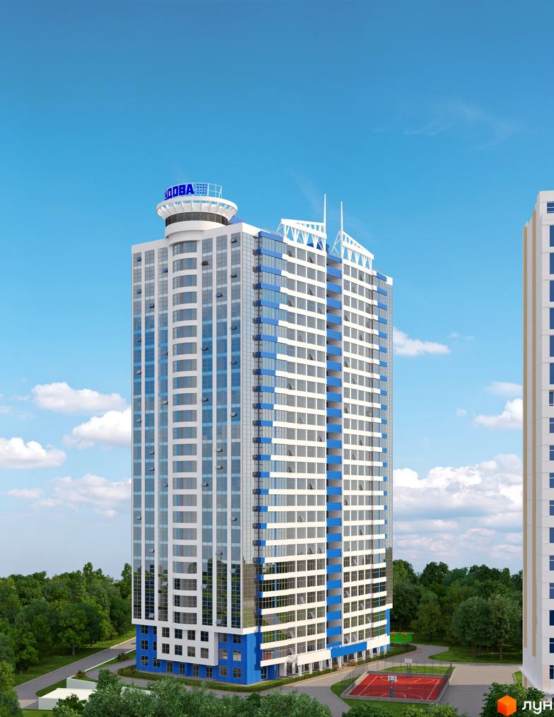 Новобудова ЖК Новий берег з блакитними елементами фасаду та панорамними вікнами. На прибудинковій території розташований спортивний майданчик.