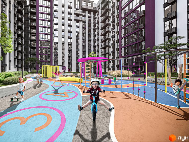 Житловий комплекс Manhattan Up з яскравим дитячим майданчиком та сучасними фасадами будинків. На території комплексу розташовані зони для відпочинку та активних ігор для дітей.