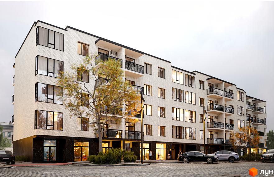 Житловий комплекс Сторожницький. Багатоквартирний будинок з білої цегли з великими вікнами та чорними балконами. На вулиці припарковані автомобілі та росте дерево.