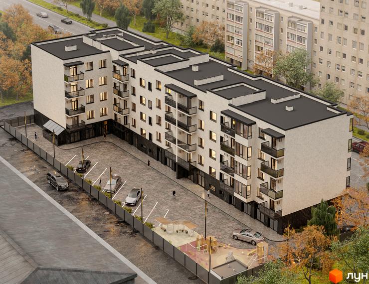 Житловий комплекс Сторожницький: багатоповерховий будинок з білою цегляною обробкою, чорним дахом та балконами. На території парковка та дитячий майданчик.