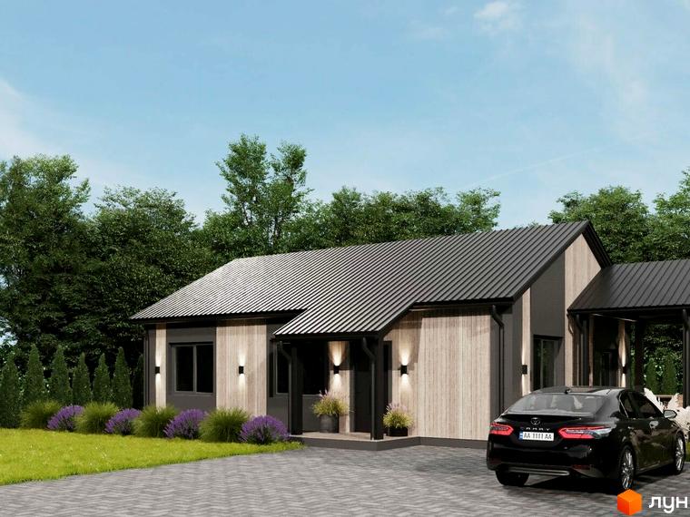 Котеджне містечко КМ NOVA ГУЦУЛЬЩИНА: одноповерховий будинок з дерев'яним фасадом та сірим дахом, прибудинкова територія з газоном, квітами та автомобілем.