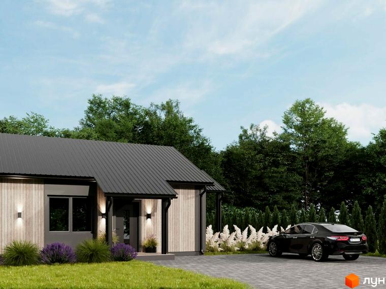 Котеджне містечко КМ NOVA ГУЦУЛЬЩИНА з сучасним фасадом та сірим дахом, прибудинкова територія з автомобілем та зеленню.