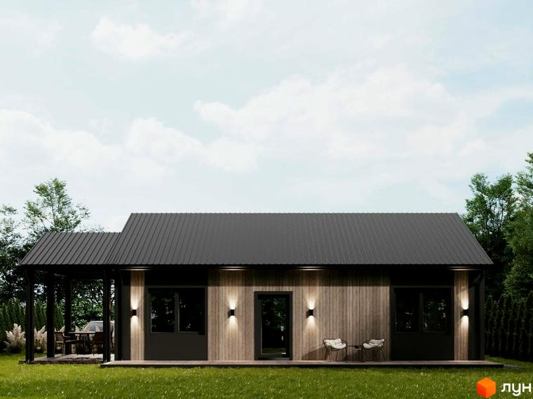 Котеджне містечко КМ NOVA ГУЦУЛЬЩИНА. Одноповерховий будинок з темним дахом та дерев'яним фасадом, терасою та зоною відпочинку на подвір'ї.