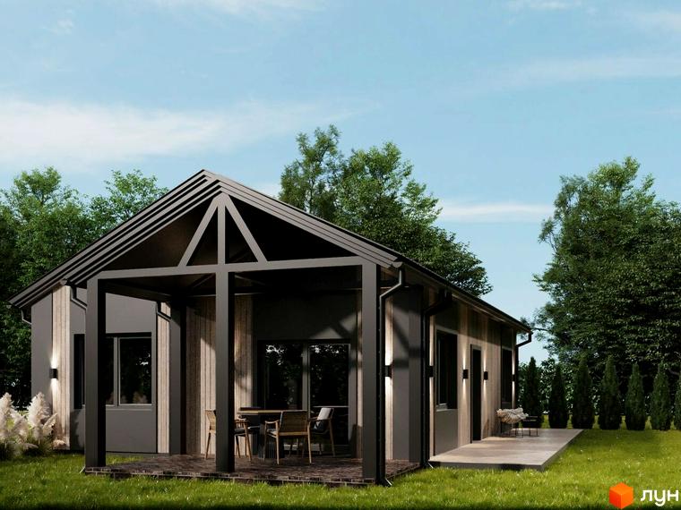 Котеджне містечко NOVA ГУЦУЛЬЩИНА: одноповерховий будинок з терасою та обідньою зоною на тлі зелених дерев. Прибудинкова територія з газоном та туями.