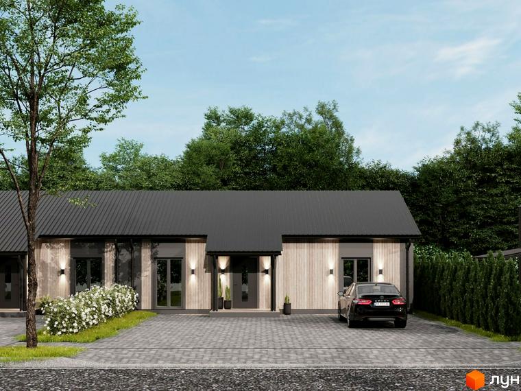 Котеджне містечко КМ NOVA ГУЦУЛЬЩИНА: одноповерхові будинки з темним дахом та дерев'яними фасадами, прибудинкова територія з доглянутим газоном та квітами.