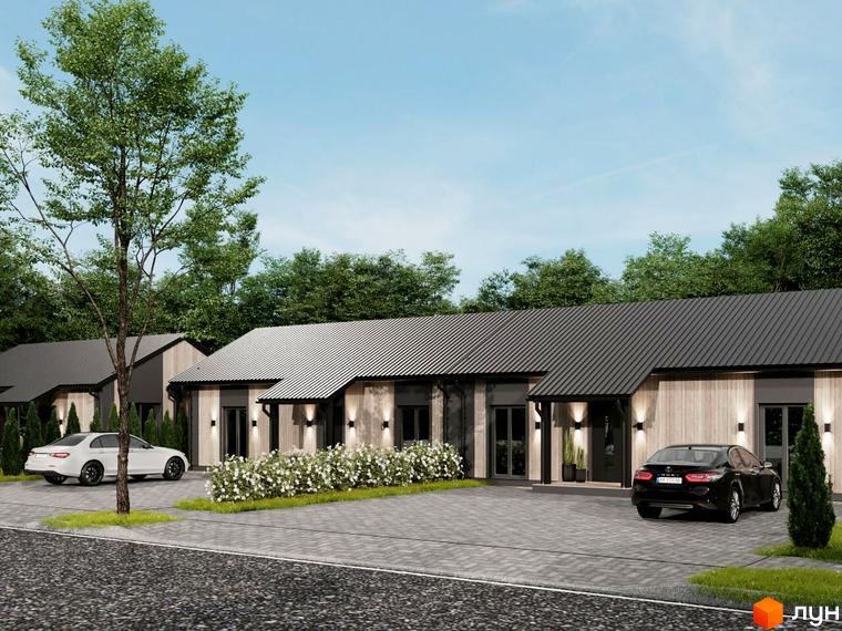 Котеджне містечко КМ NOVA ГУЦУЛЬЩИНА: фасади будівель з дерев'яною обшивкою та темними дахами, прибудинкова територія з доглянутими газонами та квітами.