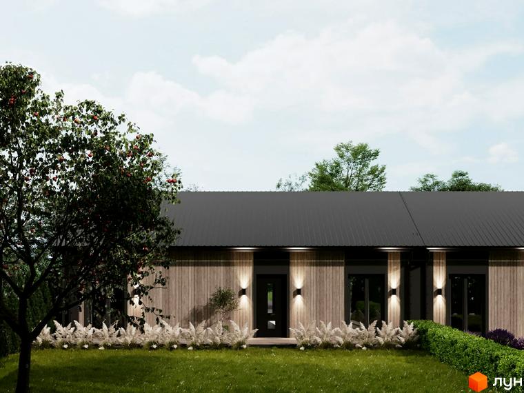 Котеджне містечко КМ NOVA ГУЦУЛЬЩИНА. Фасад будинку з дерев'яною обшивкою та великими вікнами, перед будинком доглянутий газон та декоративні рослини.